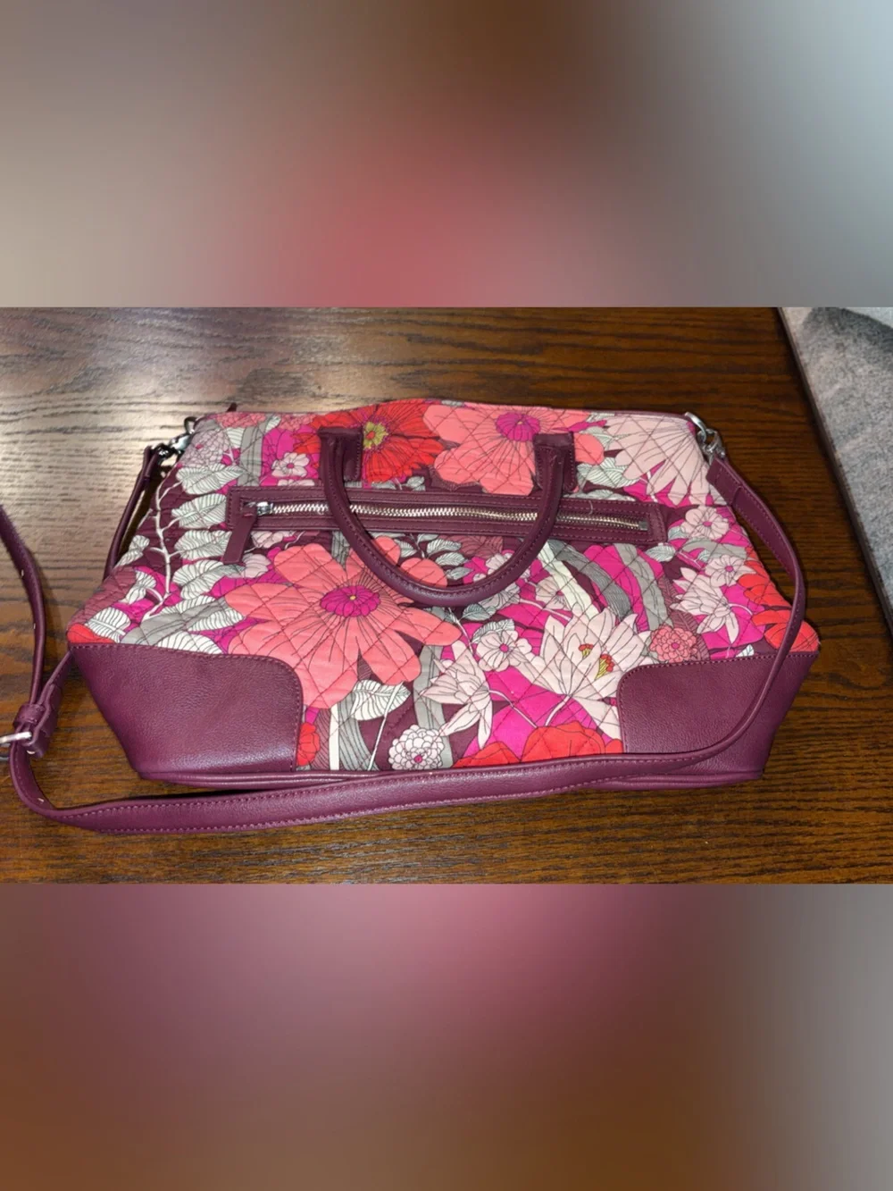 Vera Bradley Floral Quilted Tote in Pink and Burgundy
